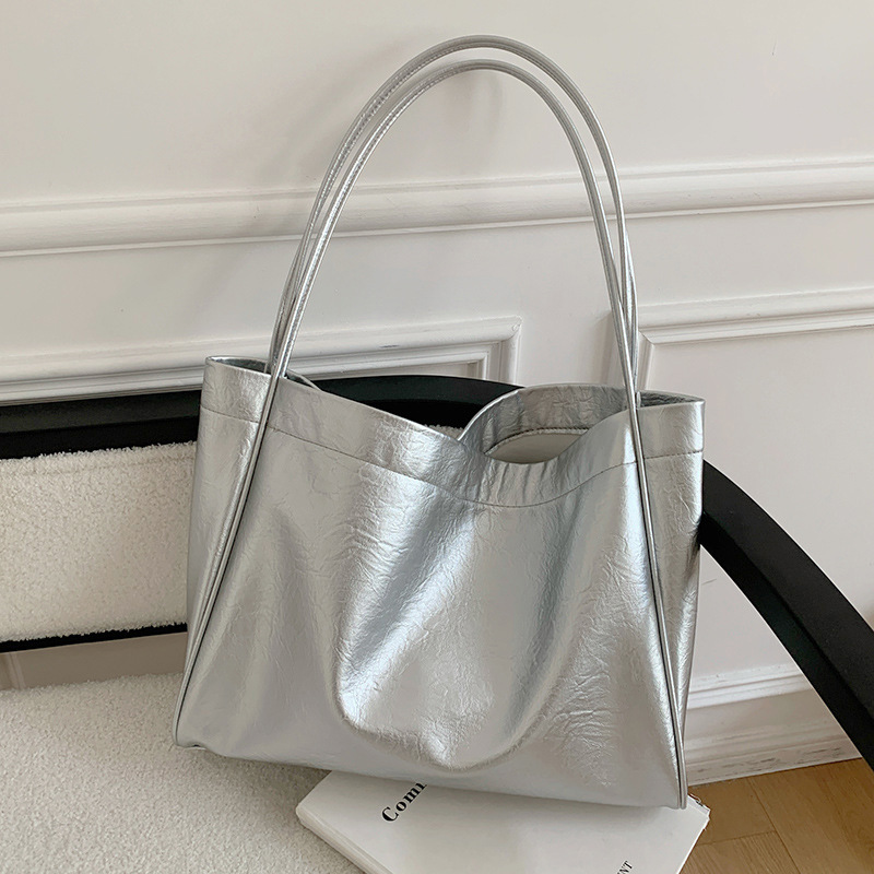 Luxury Bag Collection - カジュアル大容量トートバッグ通勤デザイナー女性ショルダーバッグ高級ソフト Pu レザー女性財布とハンドバッグビッグシルバー
