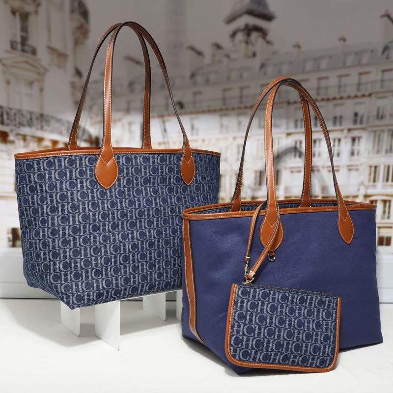 Tote Bag Leather Monogram - デニムモノグラムトートバッグ レディース マッチングジッパーコインパース レザートリム 大容量ショッピングショルダーハンドバッグセット