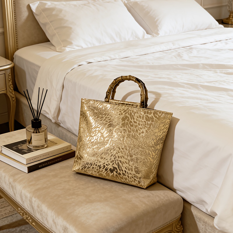 Xl Luxury Bags - ライトラグジュアリーなメタリックゴールドジャカードリーフ柄トートバッグ（女性用）、模造竹ハンドル付き大容量ハンドバッグ
