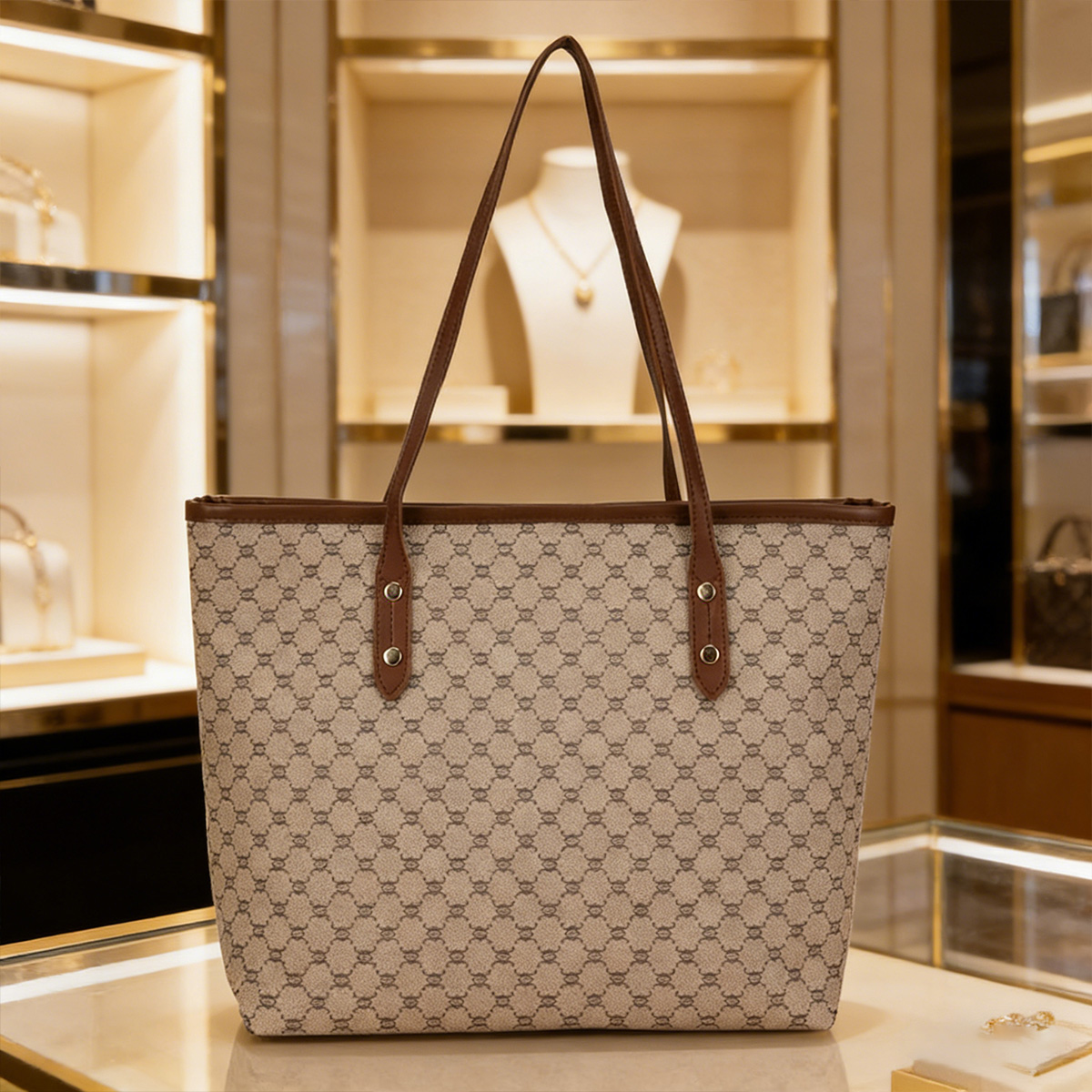 Tote Bag Leather Monogram - 高級ヴィンテージ女性用トートバッグ、モノグラムプリント、リベット付きPUレザーショルダーバッグ、大容量ジッパーハンドバッグ、通勤・ショッピング用