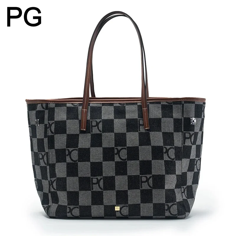 Tote Bag Leather Monogram - PGチェッカーボードモノグラムトートバッグ レディース 大容量 レザートリム キャンバスショルダーバッグ デイリー通勤