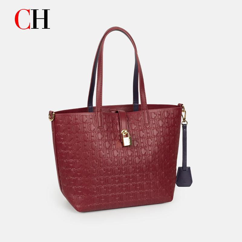 Tote Bag Leather Monogram - CHエンボスモノグラムトートバッグ レディース 大容量 PUレザーハンドバッグ 高級ロック装飾 トップハンドル