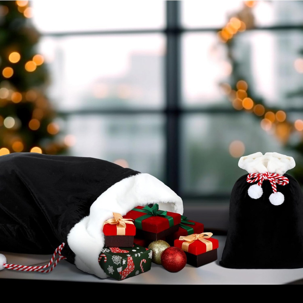 Luxury Xmas Bags - ブラックサンタサックバッグフェイクファートリム巾着ポンポン高級ベルベットクリスマスキャンディギフトプレゼント収納