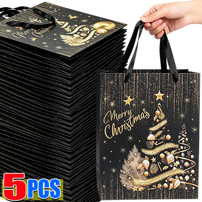 Luxury Xmas Bags - 1/5個入り ブラックゴールド クリスマスギフトバッグ 高級紙製トートバッグ リボンハンドル付き エレガントなクリスマスプレゼントラッピング