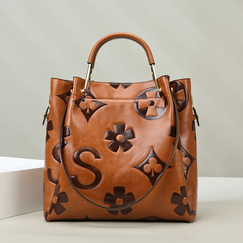 Tote Bag Leather Monogram - レディースエンボスモノグラムハンドバッグ、トップハンドルと取り外し可能なショルダーストラップ付き大型レザートートバッグ、普段使いや仕事用