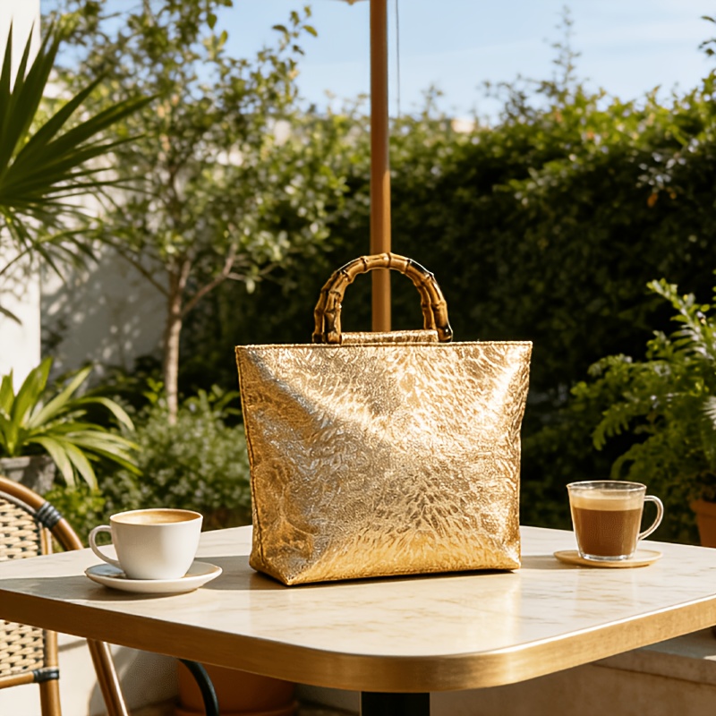 ライトラグジュアリーなメタリックゴールドジャカードリーフ柄ト - Xl Luxury Bags のレビューと価格