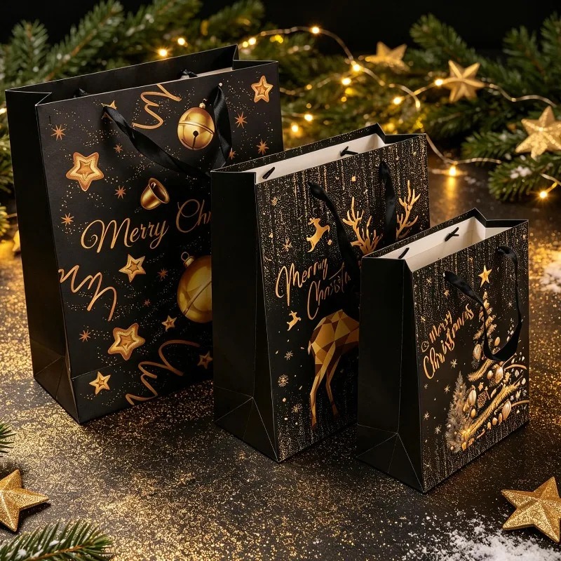 1/5個入り ブラックゴールド クリスマスギフトバッグ 高級 - Luxury Xmas Bags のレビューと価格
